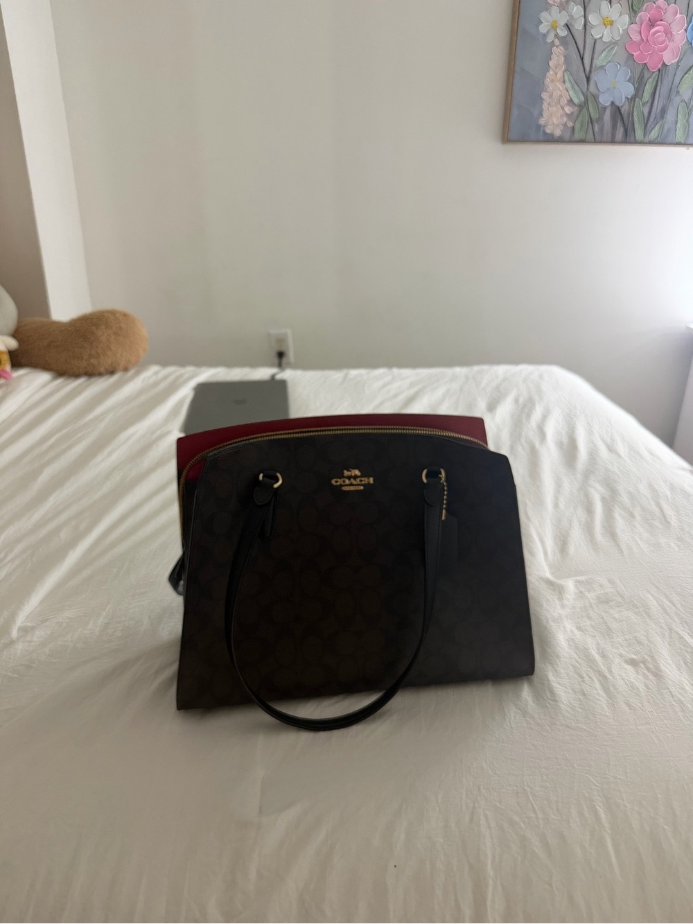 Coach Brown Signature Tote with Red Interior Accent